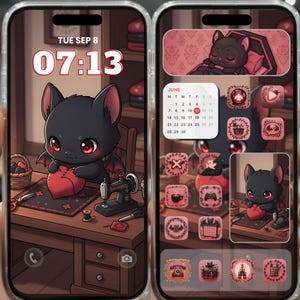 May include: A phone screen displays a custom theme with a cartoon bat. The lock screen shows the date and time. The home screen features themed app icons and a calendar for June. The bat is sewing a heart.