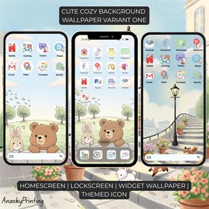 May include: Three smartphone screens displaying a cute, cozy wallpaper with a bear, bunny, and cityscape. The screens show app icons for Netflix, Gmail, and more. Text at the top reads "CUTE COZY BACKGROUND WALLPAPER VARIANT ONE."