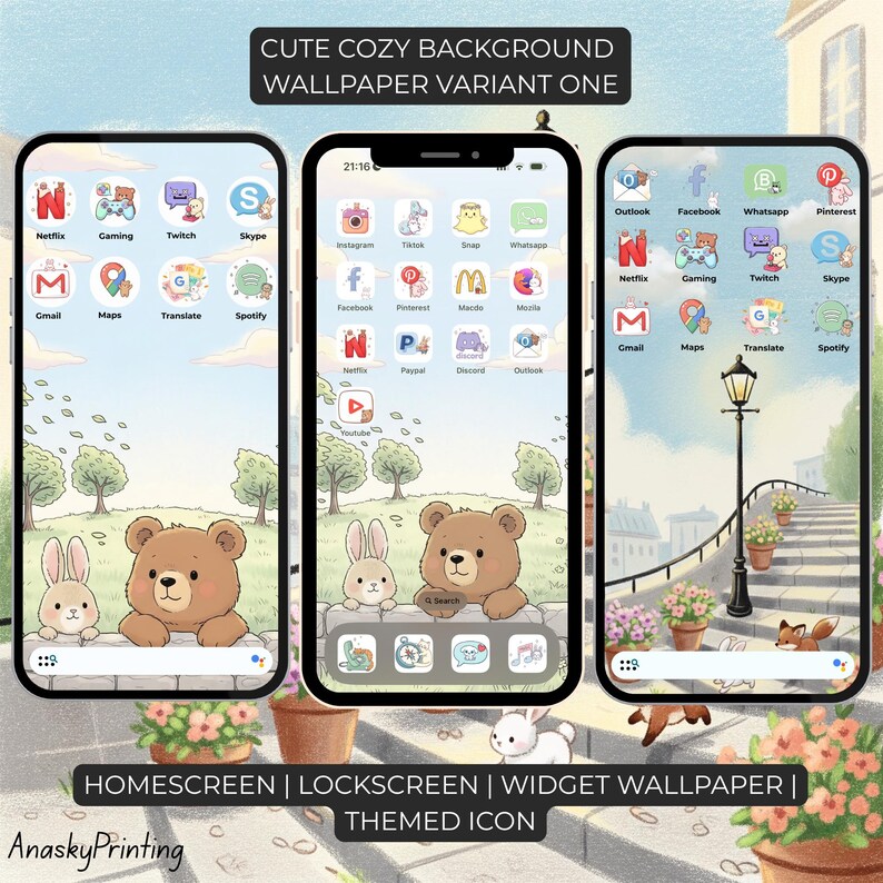 May include: Three smartphone screens displaying a cute, cozy wallpaper with a bear, bunny, and cityscape. The screens show app icons for Netflix, Gmail, and more. Text at the top reads "CUTE COZY BACKGROUND WALLPAPER VARIANT ONE."