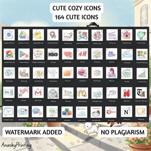 May include: A collection of 164 cute, cozy icons, including app logos and illustrations. The icons are arranged on a dark background, with text at the top reading "CUTE COZY ICONS" and "164 CUTE ICONS". A watermark and the words "NO PLAGIARISM" are at the bottom.