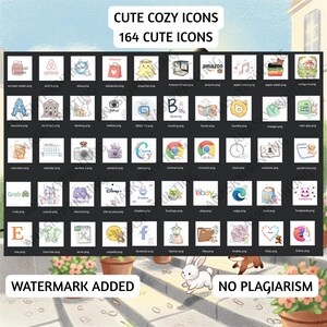 May include: A digital art print featuring 164 cute icons, including app logos like Airbnb, Amazon, and eBay, and other whimsical illustrations. The text at the top reads "CUTE COZY ICONS" and "164 CUTE ICONS". The image has a watercolor style.