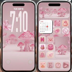 May include: A smartphone displays a pink theme with mushroom graphics and app icons. The lock screen shows the time and date, while the home screen features a calendar widget for June. The overall aesthetic is soft and whimsical.
