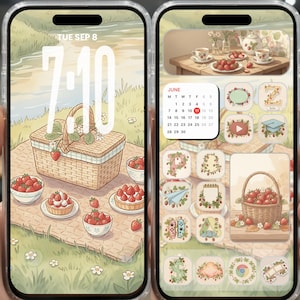 May include: A phone screen shows a picnic theme with a basket, strawberries, and pastries. The time is 7:10 on Tuesday, September 8. The right screen displays app icons, a June calendar, and a basket of strawberries.