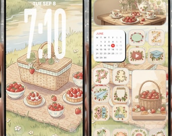 Strawberry App Icons IOS & Widgets and Wallpapers, Cottagecore Desktop Android iPad iPhone, Summer Vintage Covers, Home Screen Theme IOS26
