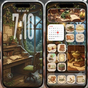 ダークアカデミアアプリアイコンiOS＆ウィジェットと壁紙、美しいコテージコア、居心地の良い本棚のiPhoneテーマ、デスクトップAndroid iPad iPhone IOS26