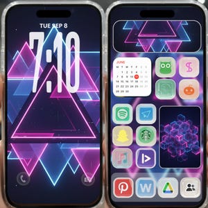 May include: Two smartphones with clear cases displaying custom home screens. One shows a geometric design with pink and blue neon triangles, the time 7:10, and the date Tue Sep 8. The other has app icons and a June calendar.