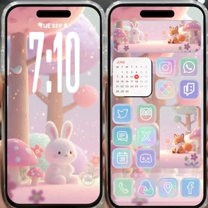 Op de afbeelding: Twee smartphones met een pastelroze en wit thema. Eén toont een konijn- en paddenstoelscène met de tijd 7:10 en de datum Tue Sep 8. De andere heeft app-pictogrammen, een kalender voor juni en afbeeldingen van een konijn en een vos.