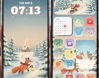 May include: A phone screen displays a winter-themed wallpaper with a fox carrying a lantern. The screen shows the date and time, along with app icons featuring foxes and a calendar for June.