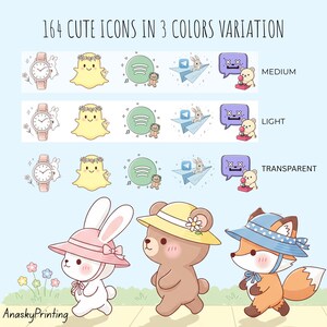 May include: An illustration featuring 164 cute icons in three color variations. The image includes various icons such as watches, ghosts, music notes, paper airplanes with bunnies, and speech bubbles with bears. Below, three cartoon animals walk: a bunny, a bear, and a fox.