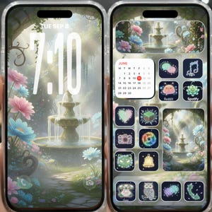 May include: A smartphone screen displays a whimsical garden scene with a fountain, flowers, and the time 7:10. The home screen features app icons and a calendar showing June. The overall theme is a fantasy garden.