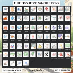 May include: A collection of 164 cute icons, each within a black square. The icons represent various apps and services, including social media, shopping, and travel. The text "CUTE COZY ICONS 164 CUTE ICONS" is at the top.