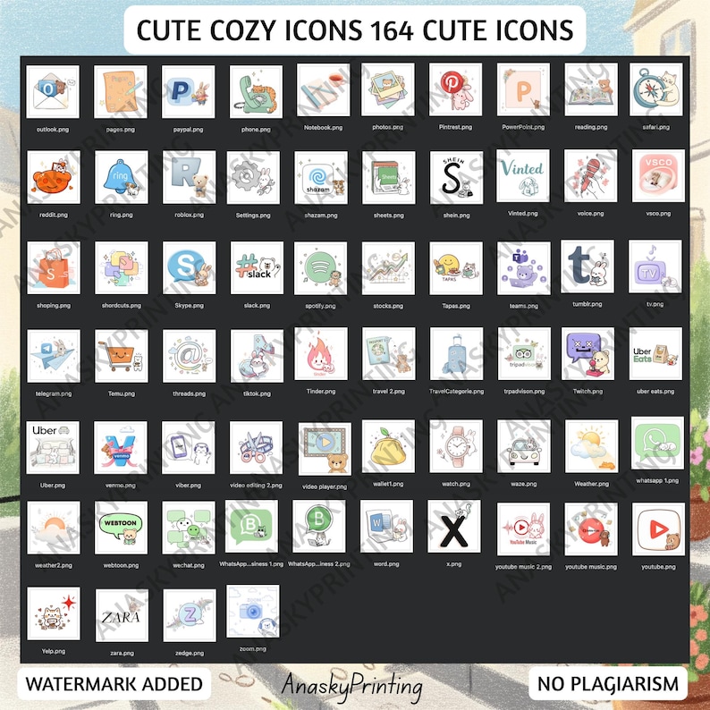 May include: A collection of 164 cute icons, each within a black square. The icons represent various apps and services, including social media, shopping, and travel. The text "CUTE COZY ICONS 164 CUTE ICONS" is at the top.