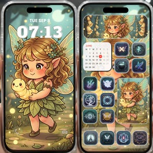May include: A phone screen displays a whimsical fairy theme. The lock screen shows a fairy holding a caterpillar, with the date and time displayed. The home screen features app icons with a fairy theme and a June calendar.