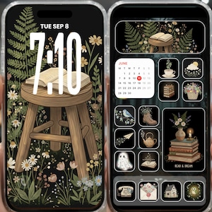 May include: A phone screen showcases a digital illustration with a reading theme. The lock screen features a book on a wooden stool surrounded by flowers. The home screen displays app icons, including a calendar, teacup, books, and a vase.