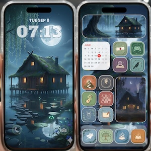 May include: Two smartphone screens displaying a custom home screen theme. The left screen shows a house on a lake with the time and date. The right screen shows app icons with a similar theme and a calendar for June.