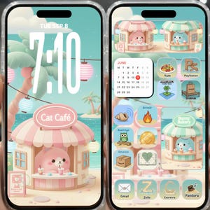 May include: A smartphone screen displays a custom home screen with a pastel beach theme. The lock screen shows the time and date. The home screen features app icons, including a "Cat Café" and "Bunny Bakery" theme.