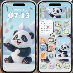 Op de afbeelding: Twee smartphoneschermen met een panda-thema. Eén toont een panda die een bal vasthoudt met datum en tijd. Het andere scherm toont een panda met app-pictogrammen en een juni-kalender.