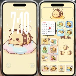 May include: A smartphone with a bee-themed home screen. The lock screen shows a cartoon bee on a cloud, and the home screen features bee-themed app icons and a June calendar. The date is Tuesday, September 8.