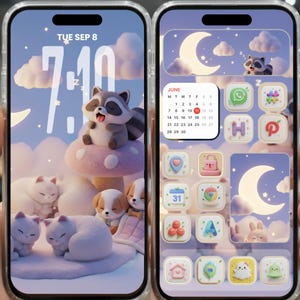 May include: A phone screen shows a cartoon theme with a raccoon, cats, and puppies. The lock screen displays the date and time. The home screen features app icons with a moon and cloud design. The calendar shows the month of June.