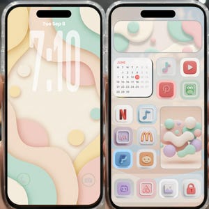 May include: Two smartphones with pastel-colored, abstract wallpaper and app icons. One displays the time and date, the other shows a calendar and various app icons, including music, video, and social media platforms. The overall aesthetic is soft and modern.