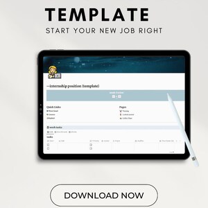 Może przedstawiać: Cyfrowy tablet wyświetla szablon pracy Notion z tekstem "NOTION WORK TEMPLATE" i "START YOUR NEW JOB RIGHT". Ekran pokazuje szablon stażu, z szybkimi linkami i zadaniami pracy. Biały rysik spoczywa po prawej stronie.