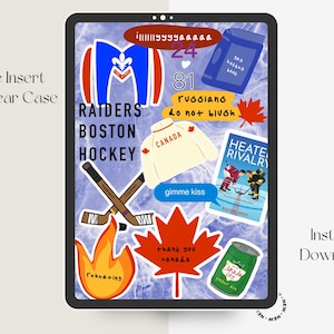 May include: Kindle insert for a clear case with hockey-themed stickers. Includes a Raiders logo, crossed hockey sticks, a maple leaf, and text that says "RAIDERS BOSTON HOCKEY", "CANADA", "gimme kiss", and "HEATE RIVALRY".