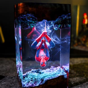 Masked Web Hero Lamp | Superhero Resin & Wood Light | Geeky Room Decor, City Vigilante Lamp | Handmade Resin Lamp with Web Warrior Design