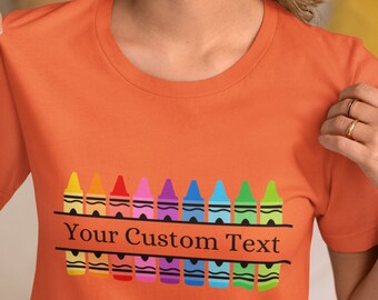Custom Teacher T-Shirt, Crayon Design Tee, Personalized Text, 100% Cotton Unisex Shirt