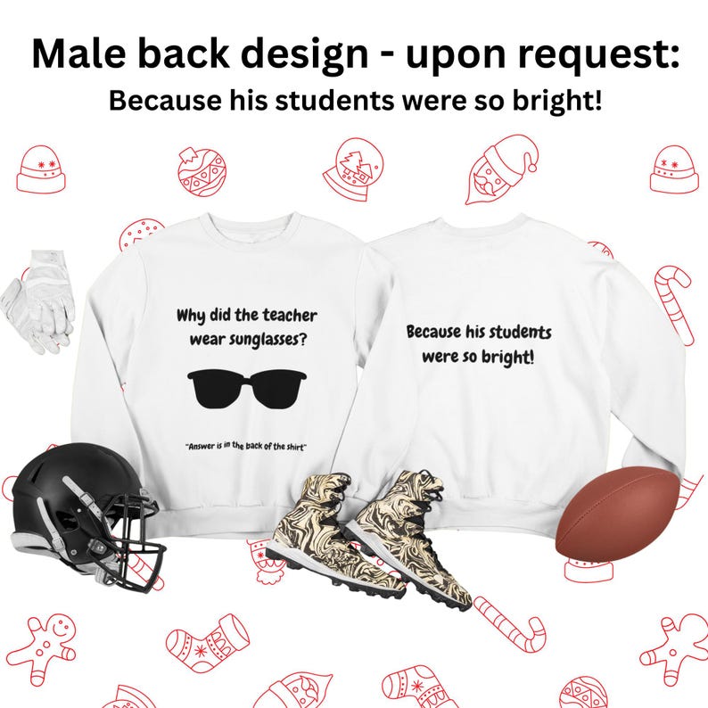 Male Back Design - Upon request: Because his students were so bright. 2 White Mockups. First mockup: Why did the teacher wear sunglasses?. Second mockup: Because his students were so bright!