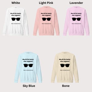 Sweatshirt Chart Color: White, Light Pink, Lavender, Sky Blue and Bone.