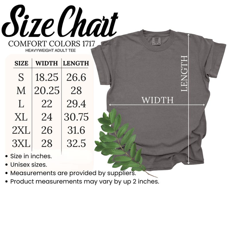 T-Shirt Size Chart: S, M, L, XL, 2XL, 3XL.
Size In Inches.
Unisex Sizes.
Measurements may vary by up 2 inches.
Measurements provided by suppliers.