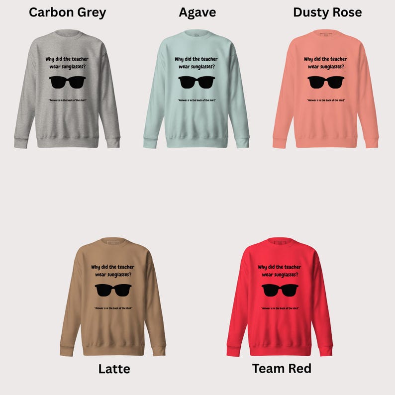 Sweatshirt Color Chart: Carbon Grey, Agave, Dusty Rose, Latte and Team Red.