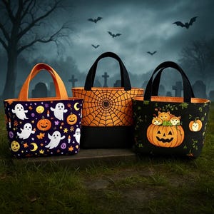 May include: Three Halloween-themed tote bags with black handles and orange linings. The bags feature spooky designs: ghosts, pumpkins, and a spiderweb. The background shows a graveyard scene with bats flying in the sky.