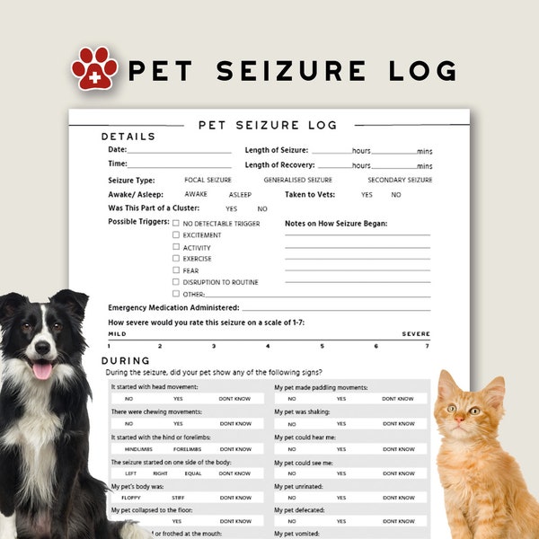 Pet Seizure Log Printable | Track Symptoms & Severity of Seizure Events | Minimalist Design | Instant Download