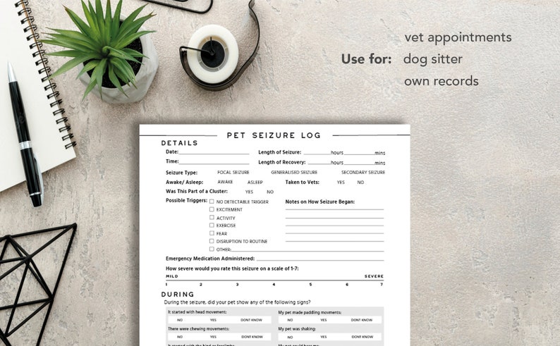 Pet Seizure Log Printable Track Symptoms &amp; Severity of Seizure Events ...