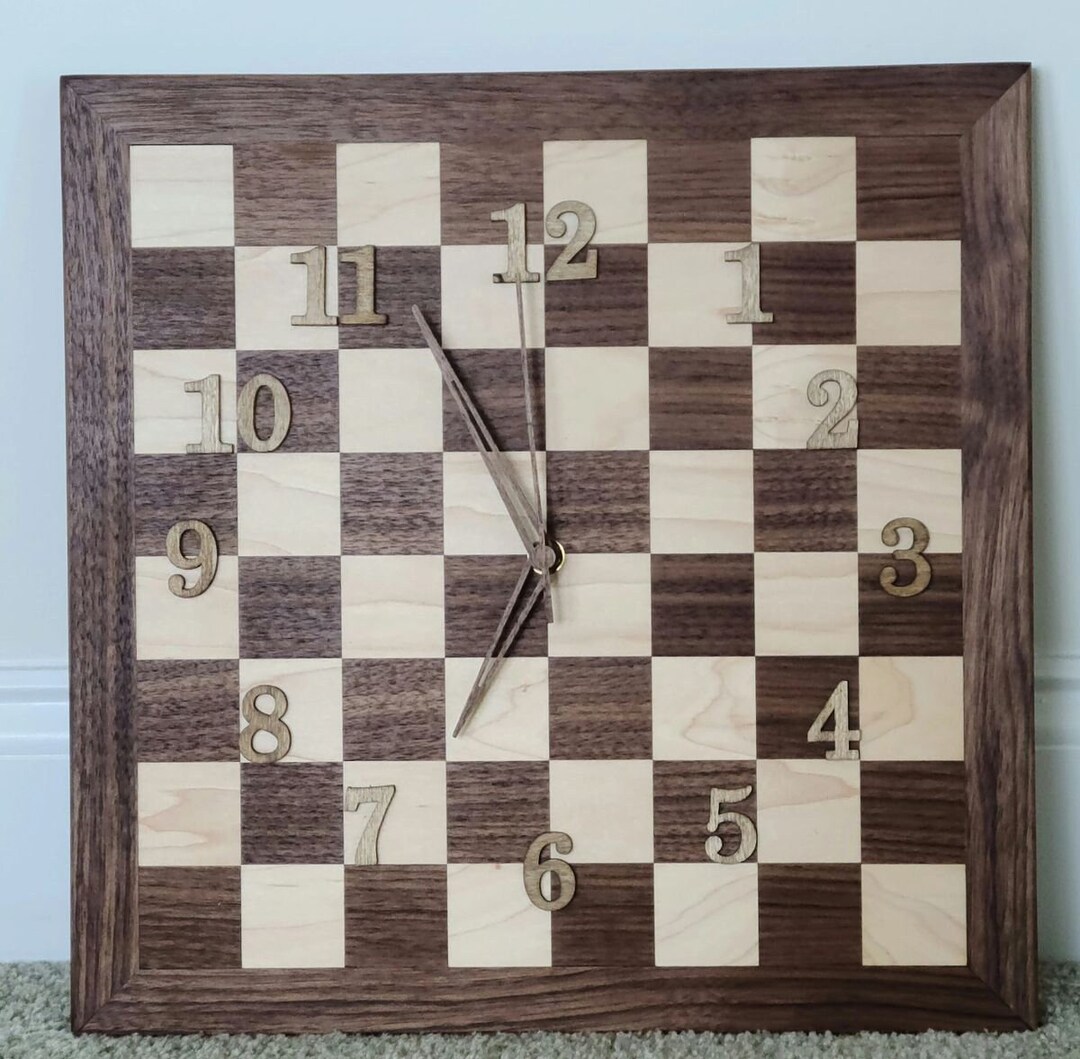 Wooden Chess Board Clock Etsy