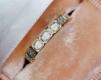 Emerald Cut Diamond Eternity Band, Gold Bezel Set Stacking Ring, Art Deco Wedding Band, Minimalist Anniversary Jewelry for Women, Ring Gifts