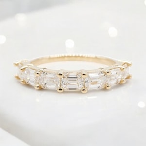 Emerald Cut Moissanite Wedding Band, 14k Yellow Gold East-West Moissanite Band, Half Eternity Band, Unique Women Anniversary Gift, Christmas