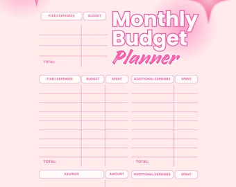 May include: A pink monthly budget planner with a gradient background and starburst accents. The planner includes sections for fixed expenses, budget, savings, and totals. The title "Monthly Budget Planner" is in a bold, pink font.