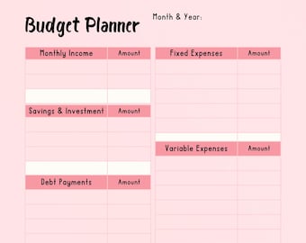 May include: A pink budget planner with sections for monthly income, expenses, savings, and debt payments. The planner includes areas for fixed and variable expenses, a summary, and net savings. The title "Budget Planner" is at the top, with space for the month and year.