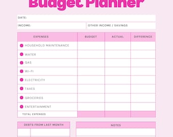 May include: A pink budget planner with the title "Budget Planner" in a bold, bubble-style font. The planner includes sections for income, expenses, and notes. The expenses section lists categories like "Household Maintenance" and "Groceries". A quote at the bottom reads, "ANYTHING WORTH HAVING TAKES TIME."