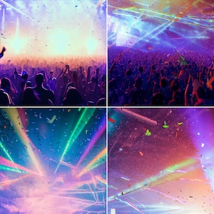 Peut inclure: Une foule nombreuse de personnes à un concert avec des lumières laser colorées et des confettis tombant du plafond.
