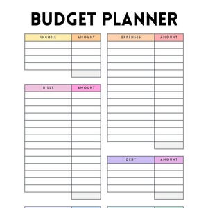 May include: A printable budget planner with sections for income, expenses, bills, debt, savings, and a summary. The planner is designed with colorful headings and lines for easy organization.