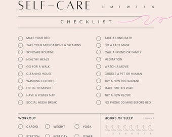 以下が含まれることがあります： 「Daily Self-Care Checklist」というタイトルのピンクと白のチェックリスト。チェックリストには、「ベッドを整える」「薬とビタミンを飲む」「スキンケアルーティン」「健康的な食事」「散歩する」「長風呂をする」「フェイスマスクをする」「友達や家族に電話する」「瞑想する」「映画を見る」「ペットや人間と抱き合う」「新しいレストランを試す」「読書をする時間を作る」「新しいレシピを試す」「寝る30分前に携帯電話を使わない」「有酸素運動」「体重」「ヨガ」「ストレッチ」「休息日」「その他」「睡眠時間」「水分バランス」「気分」「今日私を幸せにするもの」などの項目が含まれています。