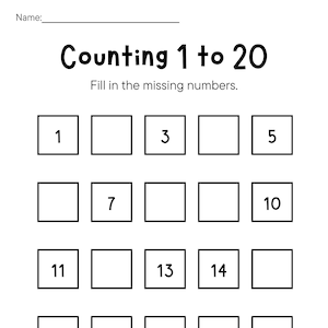 May include: A black and white worksheet with the title "Counting 1 to 20". The worksheet has a grid of boxes with numbers 1, 3, 5, 7, 10, 11, 13, 14, 17, and 19 filled in. The student is asked to fill in the missing numbers.