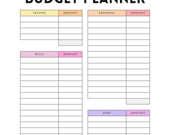 May include: A printable budget planner with sections for income, expenses, bills, debt, savings, and a summary. The planner is designed with colourful headings and lines for easy organisation.