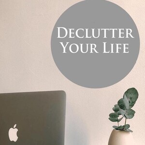 May include: A gray circle with the text "Declutter Your Life" in white lettering. A silver laptop with a black sticker that says "oh la la" is on a white marble surface. A small vase with a green plant is on the right side of the image.