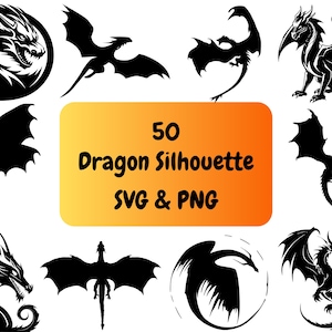 May include: A collection of 50 black and white dragon silhouette illustrations. The text "50 Dragon Silhouette SVG & PNG" is displayed on a yellow and orange background.