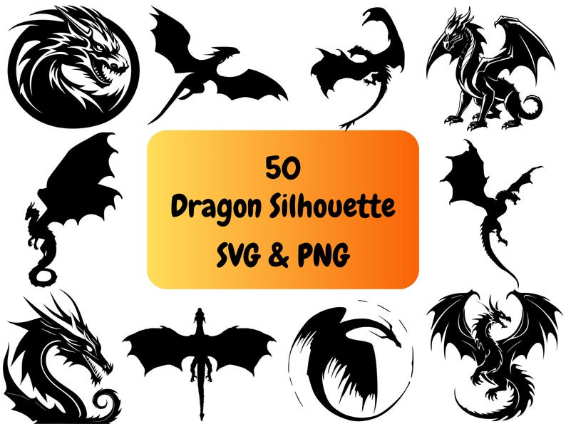May include: A collection of 50 black and white dragon silhouette illustrations. The text "50 Dragon Silhouette SVG & PNG" is displayed on a yellow and orange background.
