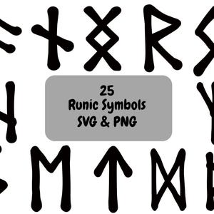 May include: Black runic symbols arranged on a white background. The image includes 25 runic symbols, with the text "25 Runic Symbols SVG & PNG" in a gray rectangle. The symbols are bold and stylized.